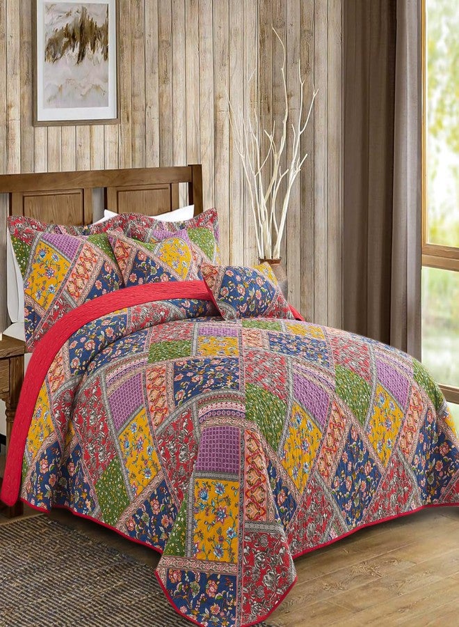 VAPUTAR طقم لحاف قطني من فابوتار، مقاس كوين، غطاء سرير مبطن (90 × 98 بوصة) مع غطاءين للوسائد، 3 قطع، خفيف الوزن، بنمط ريفي مع تصميم مرقع، طقم سرير كوين مناسب لجميع الفصول - Image 2