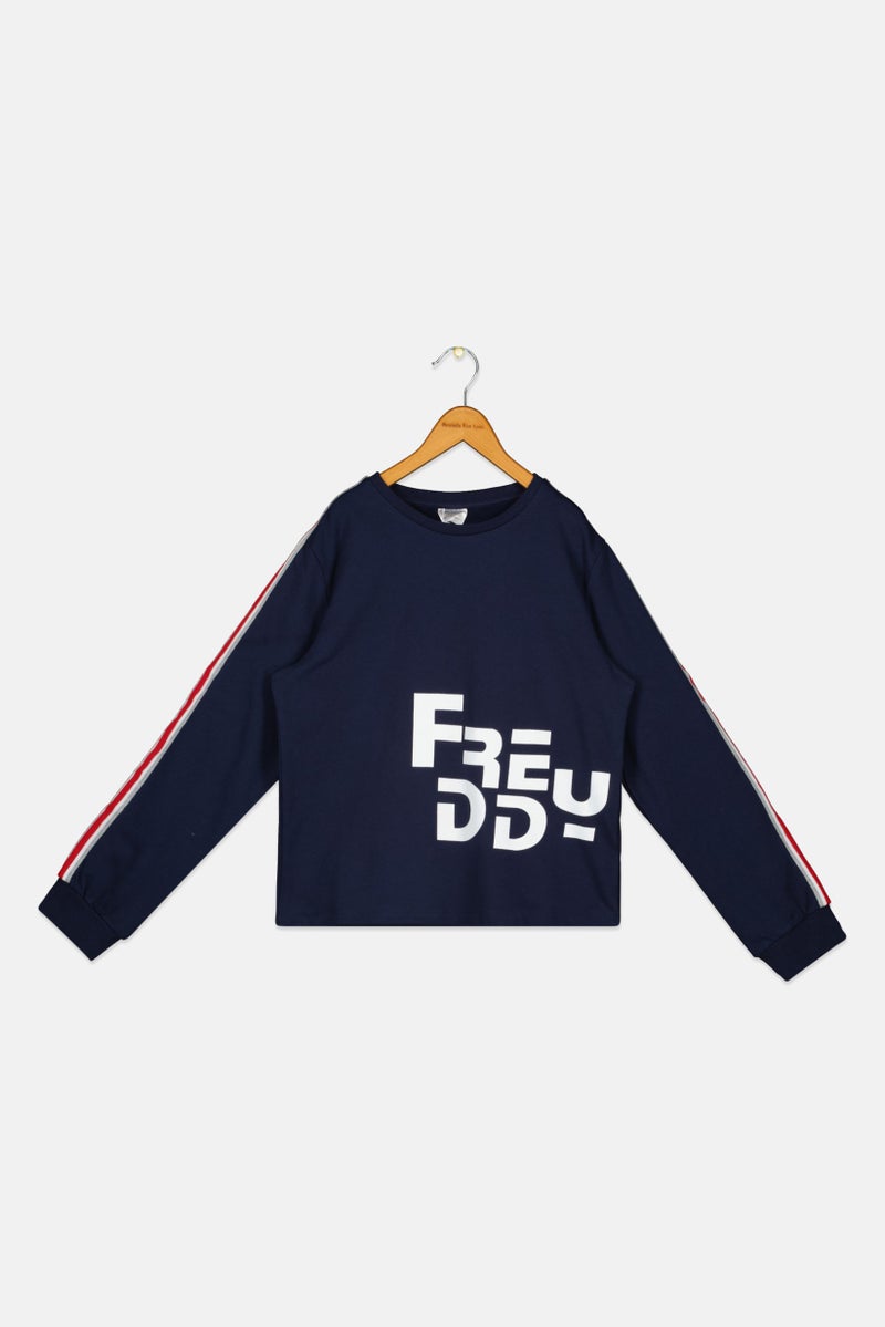 FREDDY سويت شيرت بناتي بأكمام طويلة وياقة دائرية، لون كحلي، بشعار العلامة التجارية - Image 1