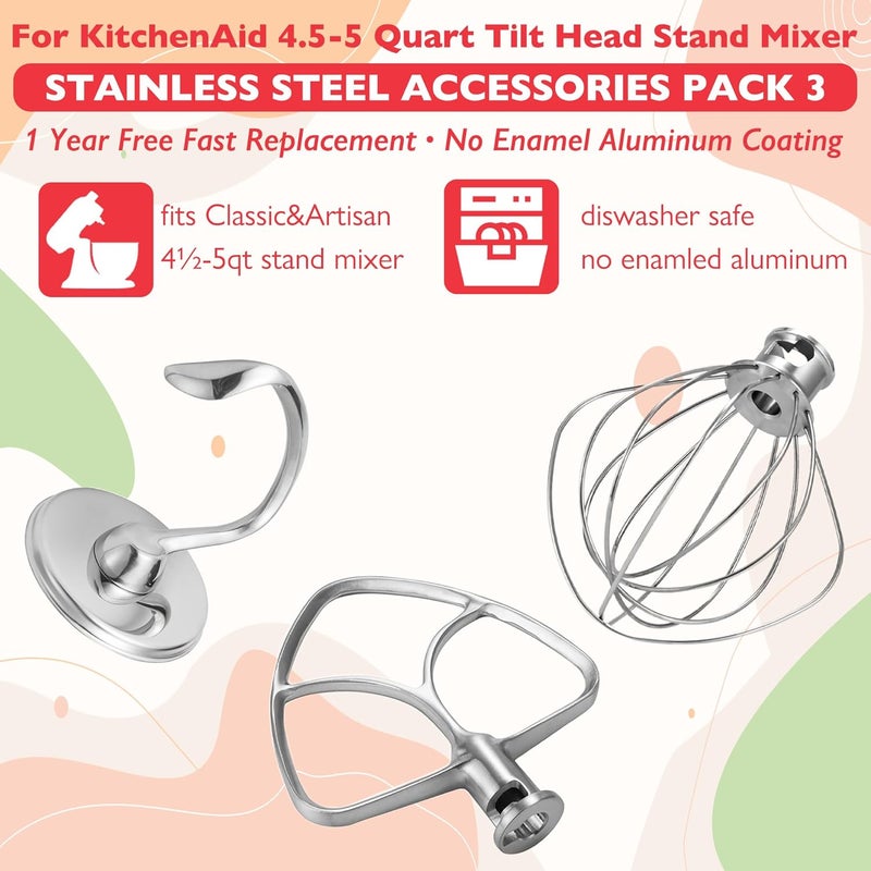 Wiselet Stainless Steel Accessories for KitchenAid 4.5-5 Qt Tilt Head Stand Mixer, Includes 6 Wire Whisk, Flat Beater, Dough Hook for KitchenAid, Dishwasher Safe and Heavy Duty, Fits for KSM45, KSM150 - Image 2