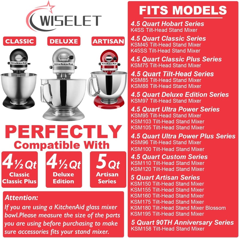 Wiselet Stainless Steel Accessories for KitchenAid 4.5-5 Qt Tilt Head Stand Mixer, Includes 6 Wire Whisk, Flat Beater, Dough Hook for KitchenAid, Dishwasher Safe and Heavy Duty, Fits for KSM45, KSM150 - Image 4