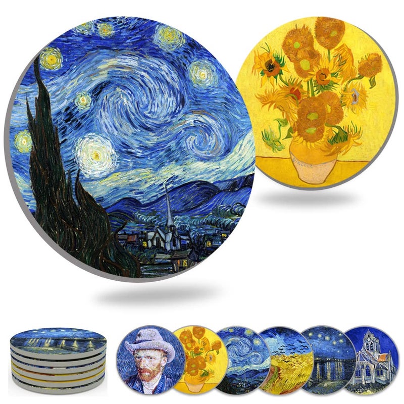 Coasters for Drinks Ceramic Van Gogh Art Coasters Set  Use 6 Famous Van Gogh Paintings Unique Housewarming Gifts for New Home Decorative by WOWDING