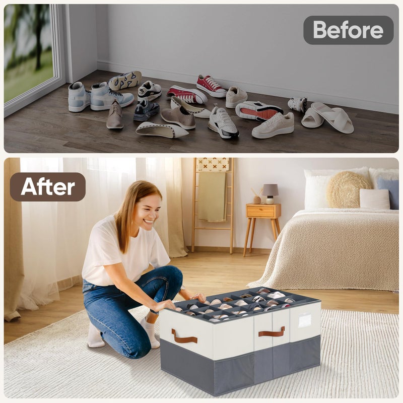 MSTONAL Shoe Organizer for Closet, 1 Pack Shoe Storage Container with Adjustable Dividers, Space Saving Shoe Box Storage Organizer Bin with Clear Lid and 4 Handles, Fits 12-24 Pairs, Beige & Grey - Image 5
