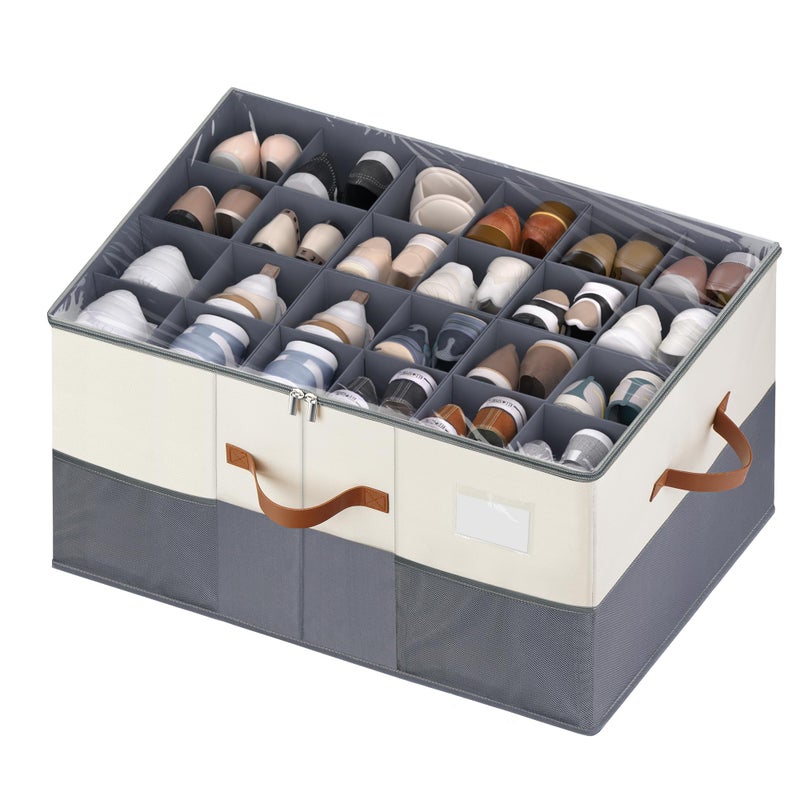 MSTONAL Shoe Organizer for Closet, 1 Pack Shoe Storage Container with Adjustable Dividers, Space Saving Shoe Box Storage Organizer Bin with Clear Lid and 4 Handles, Fits 12-24 Pairs, Beige & Grey - Image 1