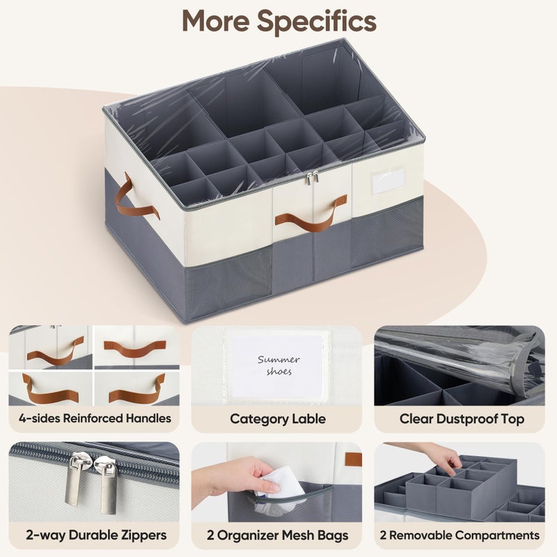 MSTONAL Shoe Organizer for Closet, 1 Pack Shoe Storage Container with Adjustable Dividers, Space Saving Shoe Box Storage Organizer Bin with Clear Lid and 4 Handles, Fits 12-24 Pairs, Beige & Grey - Image 4