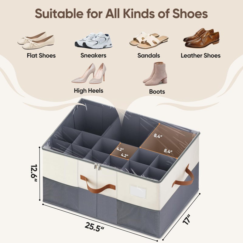 MSTONAL Shoe Organizer for Closet, 1 Pack Shoe Storage Container with Adjustable Dividers, Space Saving Shoe Box Storage Organizer Bin with Clear Lid and 4 Handles, Fits 12-24 Pairs, Beige & Grey - Image 2