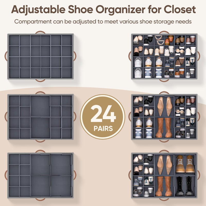 MSTONAL Shoe Organizer for Closet, 1 Pack Shoe Storage Container with Adjustable Dividers, Space Saving Shoe Box Storage Organizer Bin with Clear Lid and 4 Handles, Fits 12-24 Pairs, Beige & Grey - Image 3