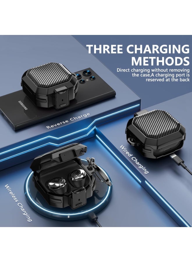 سيوسي Carbon Fiber Protective Case for Samsung Galaxy Buds FE (2023), Galaxy Buds 2 Pro (2022), Buds Pro (2021), Buds 2 (2021) & Buds Live (2020), Secure Locking Cover with Keychain & Cleaning Kit (Black) - Image 4