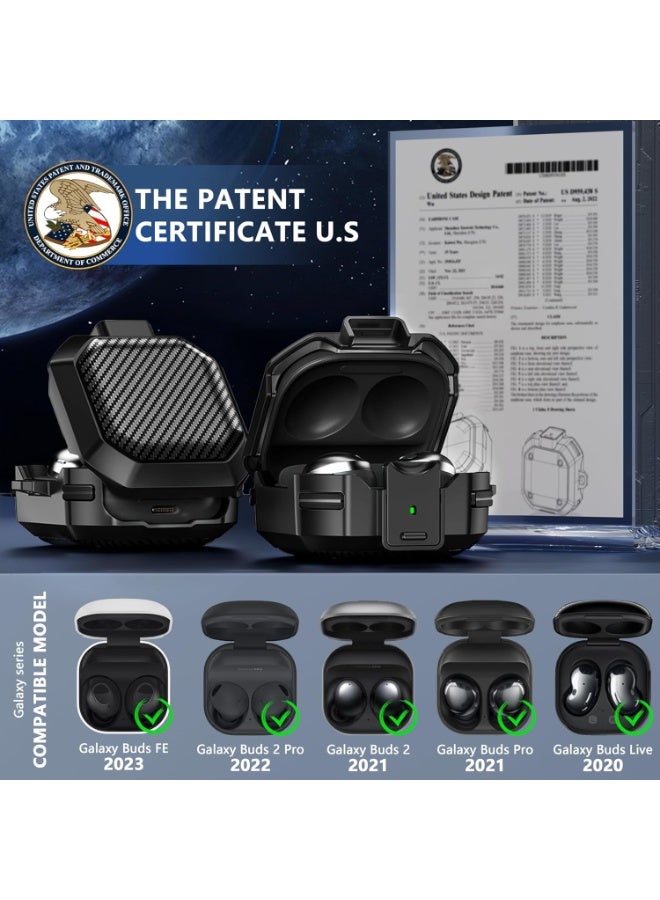 سيوسي Carbon Fiber Protective Case for Samsung Galaxy Buds FE (2023), Galaxy Buds 2 Pro (2022), Buds Pro (2021), Buds 2 (2021) & Buds Live (2020), Secure Locking Cover with Keychain & Cleaning Kit (Black) - Image 2