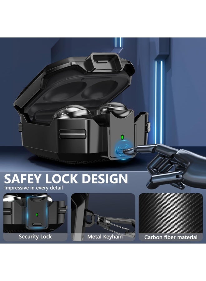 سيوسي Carbon Fiber Protective Case for Samsung Galaxy Buds FE (2023), Galaxy Buds 2 Pro (2022), Buds Pro (2021), Buds 2 (2021) & Buds Live (2020), Secure Locking Cover with Keychain & Cleaning Kit (Black) - Image 3