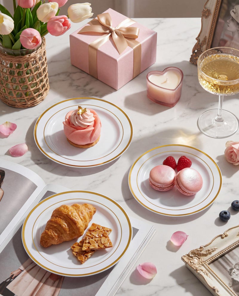 bUCLA 100Pieces Gold Plastic Plates - 6.25inch White with Gold Rim Disposable Salad/Dessert/Appetizer/Small Cake Plates Premium Hard - Ideal for Wedding, Party - Image 4