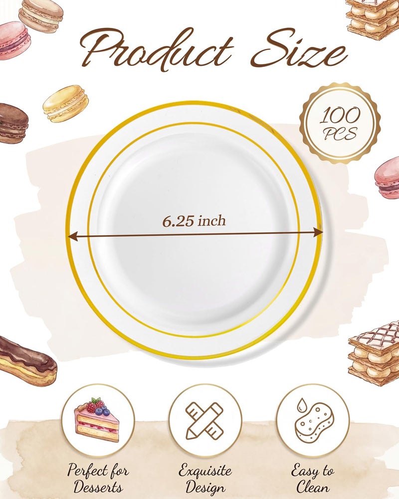 bUCLA 100Pieces Gold Plastic Plates - 6.25inch White with Gold Rim Disposable Salad/Dessert/Appetizer/Small Cake Plates Premium Hard - Ideal for Wedding, Party - Image 2