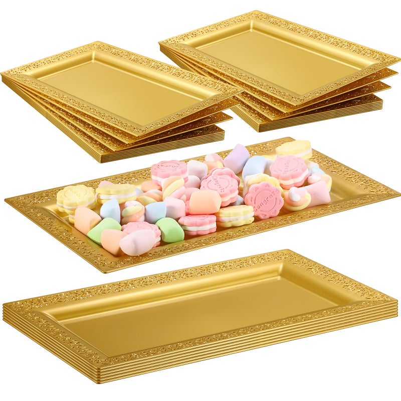 Maxcheck 24 Pcs Gold Plastic Serving Tray Platter Set 14 x 7.5 Inches Gold Lace Rim Serving Trays for Food Dessert Fruit Cupcake Weddings Table Parties Display - Image 1