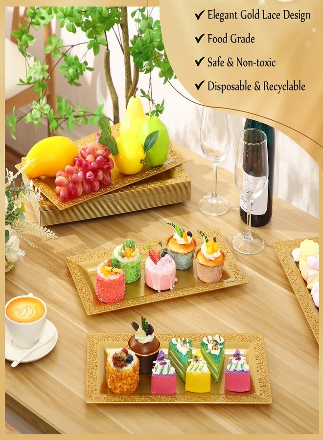 Maxcheck 24 Pcs Gold Plastic Serving Tray Platter Set 14 x 7.5 Inches Gold Lace Rim Serving Trays for Food Dessert Fruit Cupcake Weddings Table Parties Display - Image 3