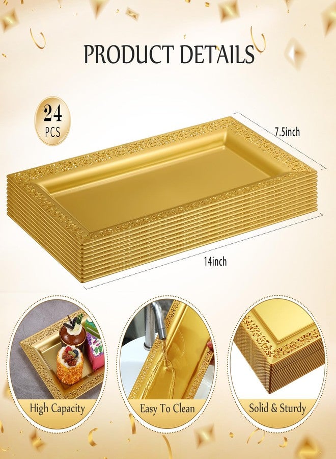 Maxcheck 24 Pcs Gold Plastic Serving Tray Platter Set 14 x 7.5 Inches Gold Lace Rim Serving Trays for Food Dessert Fruit Cupcake Weddings Table Parties Display - Image 2