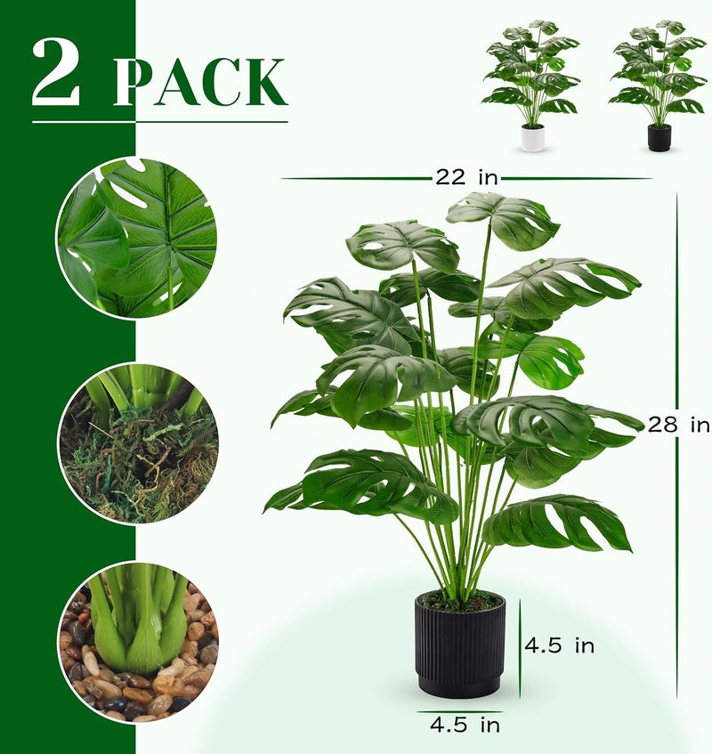 Der Rose 28" 2 Packs Fake Plants Large Artificial Monstera Faux Plants Indoor Tall for Floor Home Office Farmhouse Bedroom Decor - Image 3
