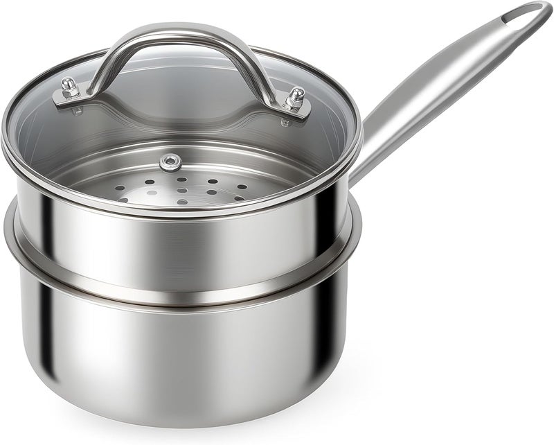 Ohtomber Stainless Steel Sauce Pan - Tri-Ply 1.5 Quarts Steamer for Cooking, Small Cooking Pot with Steamer Basket, Sauce Pan with Lid, Non Stick Saucepan, Induction Steam Pot for Vegetable, Oatmeal - Image 1