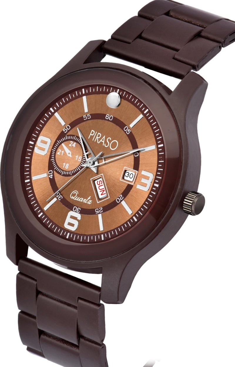 PIRASO Analog Day and Date Working Display Brown Dial & Brown Chain Watch for Men & Boys - Image 2