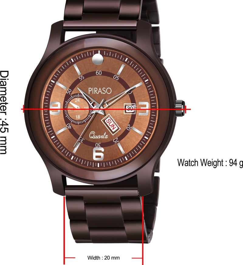 PIRASO Analog Day and Date Working Display Brown Dial & Brown Chain Watch for Men & Boys - Image 3