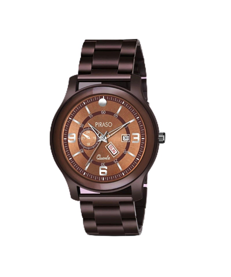 PIRASO Analog Day and Date Working Display Brown Dial & Brown Chain Watch for Men & Boys - Image 1