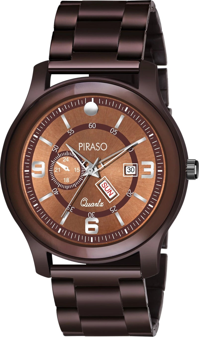 PIRASO Analog Day and Date Working Display Brown Dial & Brown Chain Watch for Men & Boys - Image 5