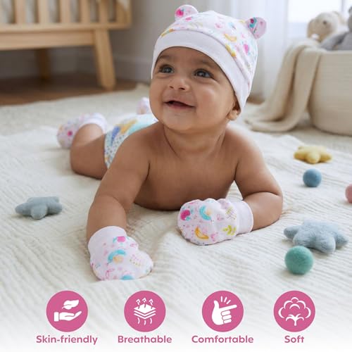 a baby cherry 100% Organic Cotton Baby Caps for Born 0-3 Months | Cap Mittens and Booties Set for New Born Baby | Soft & Comfortable Unisex Baby Accessories for Boys & Girls| Set of 2 - Image 5