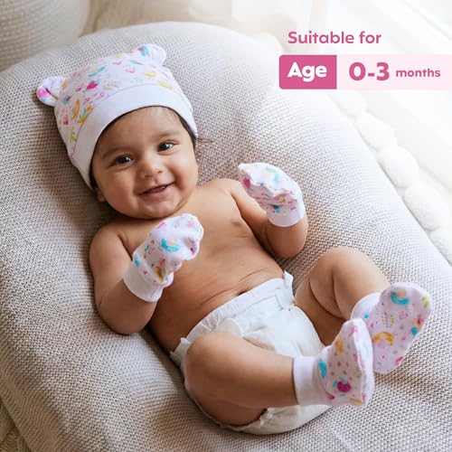 a baby cherry 100% Organic Cotton Baby Caps for Born 0-3 Months | Cap Mittens and Booties Set for New Born Baby | Soft & Comfortable Unisex Baby Accessories for Boys & Girls| Set of 2 - Image 3