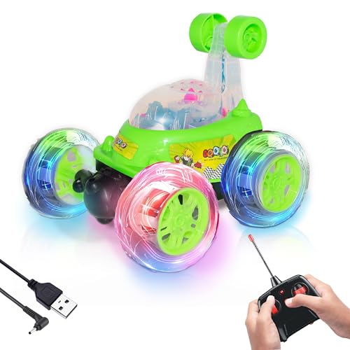 Gooyo GY-9514 360° Rotating & Rolling Stunt Car Toy with Light & Music Feature | Spin, Stunt, Flip Functions | Remote Control Stunt Car Toy for Kids | Green | in-Built Battery | Gift Box Packaging - Image 1