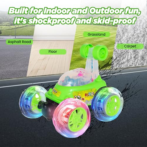 Gooyo GY-9514 360° Rotating & Rolling Stunt Car Toy with Light & Music Feature | Spin, Stunt, Flip Functions | Remote Control Stunt Car Toy for Kids | Green | in-Built Battery | Gift Box Packaging - Image 5