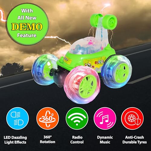 Gooyo GY-9514 360° Rotating & Rolling Stunt Car Toy with Light & Music Feature | Spin, Stunt, Flip Functions | Remote Control Stunt Car Toy for Kids | Green | in-Built Battery | Gift Box Packaging - Image 3
