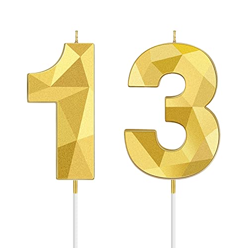 Nuanchu 13th Birthday Candles Gold Number 13 Candles Happy Birthday Cake Topper 3D Diamond Shape Numeral Candles Decoration for Boy Girl Women Birthday Wedding Reunions Theme Party Anniversary Favors