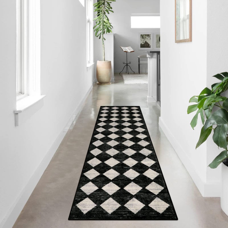 La Home Lahome Moroccan Trellis Runner Rug - 2x8 Black Hallway Runner Rug with Rubber Backing, Checkered Kitchen Non Skid Carpet Runners Washable Indoor Mat for Camper Entryway Bathroom Hardwood Floor - Image 2