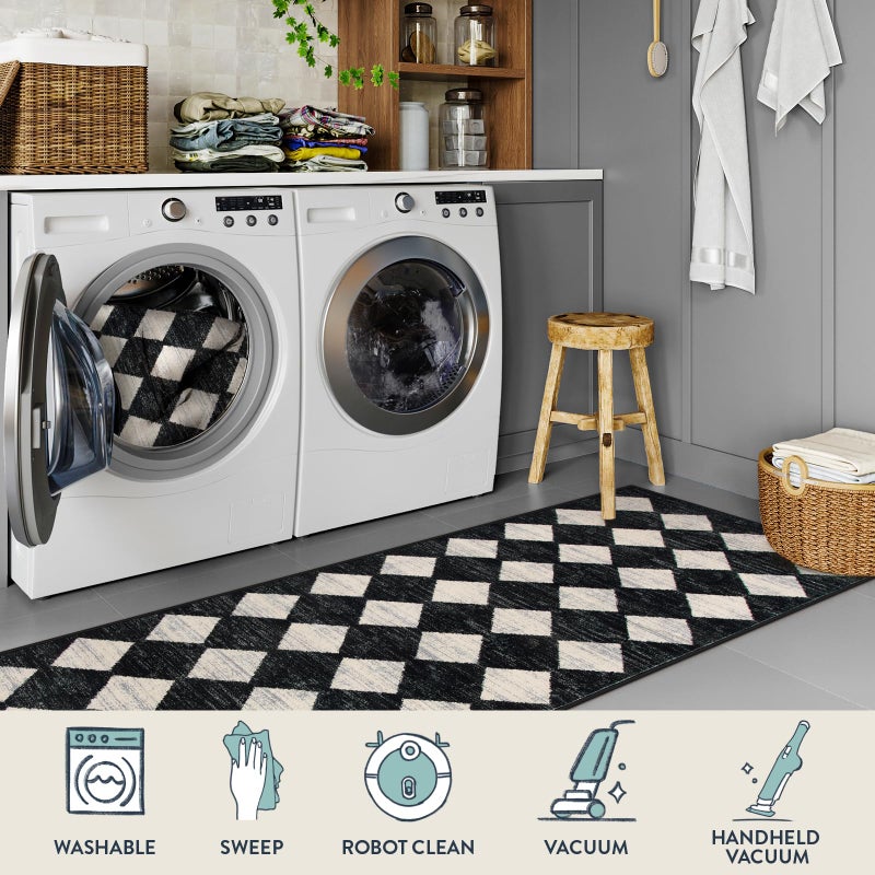 La Home Lahome Moroccan Trellis Runner Rug - 2x8 Black Hallway Runner Rug with Rubber Backing, Checkered Kitchen Non Skid Carpet Runners Washable Indoor Mat for Camper Entryway Bathroom Hardwood Floor - Image 4