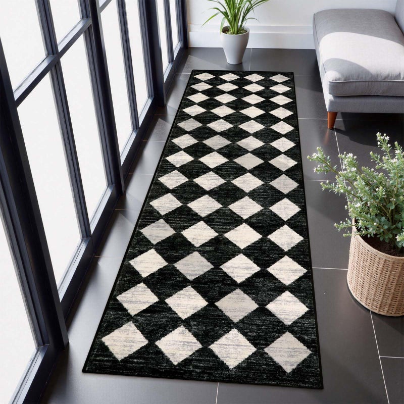 La Home Lahome Moroccan Trellis Runner Rug - 2x8 Black Hallway Runner Rug with Rubber Backing, Checkered Kitchen Non Skid Carpet Runners Washable Indoor Mat for Camper Entryway Bathroom Hardwood Floor - Image 1