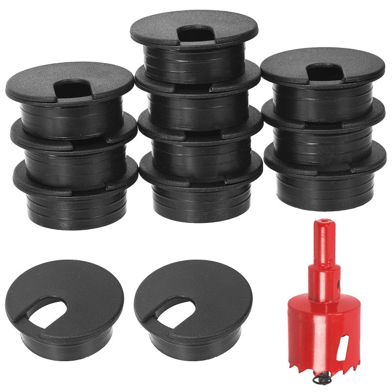 Swpeet 11Pcs Black Desk Cable Wire Grommet Cord with Hole Saw Tidy Cable Hole Cover Organizers Desk Wire Cord Cable Grommets Hole Cover 1Pcs 138Inch_35mm Tools Hole Saw with Arbor for Office Desk - Image 2