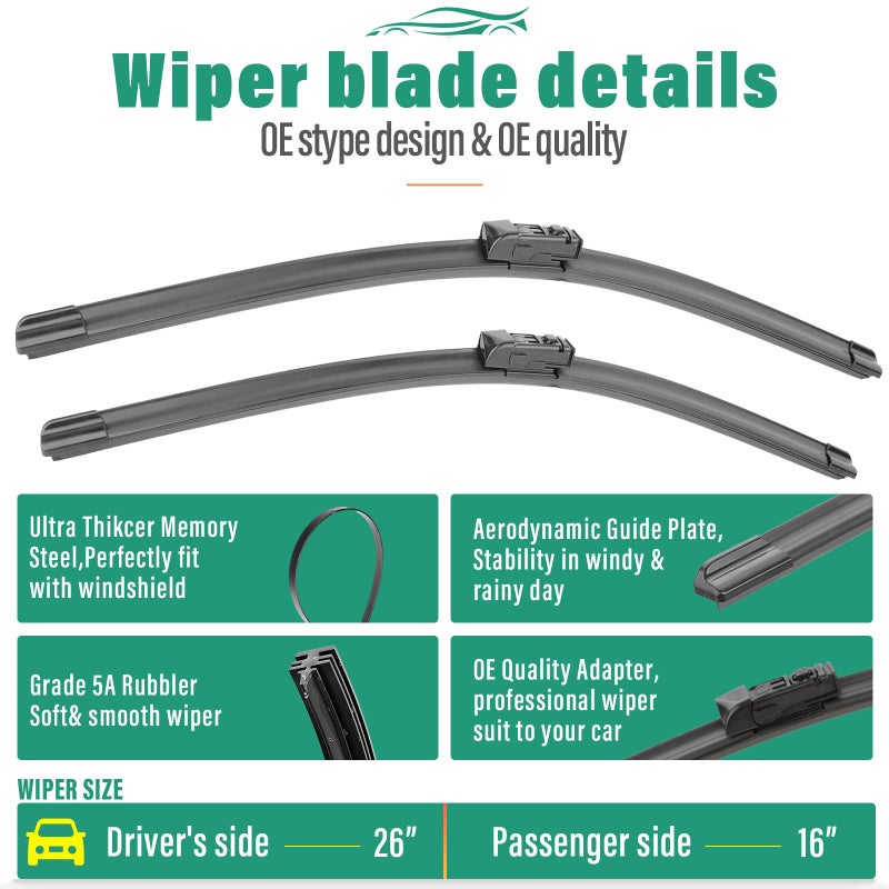 WINDSMILE 26" 16" 12" Windshield Wiper Blades Replacement for Subaru Crosstrek 2018-2023 / Impreza 2017-2024 Premium All Weather Front Rear Wipers Set - OEM Quality (Pack of 3) - Image 3