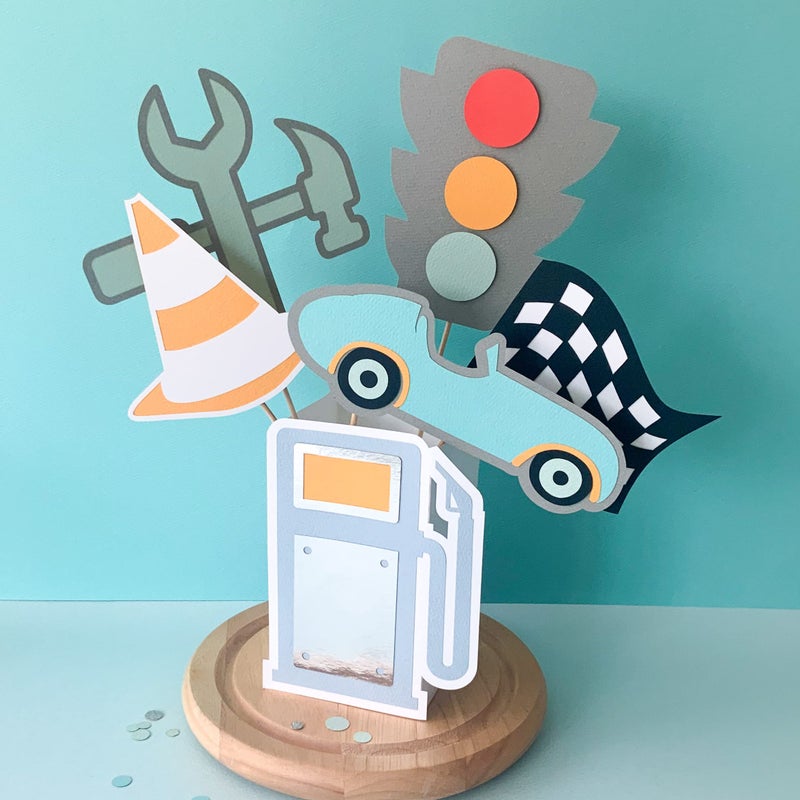 Pinfliers Car Theme Birthday Party Centerpiece, 1 Petrol Pump Box, 5 Small Cutouts, Blue, Mint, Grey, Yellow, White, Black - Image 5