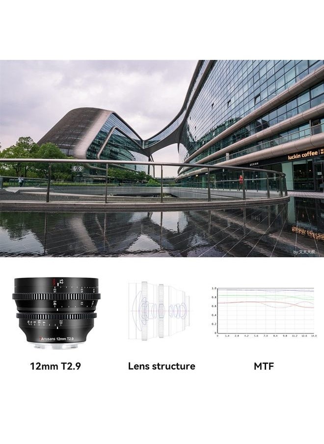 7artisans - 7 Artisans 12mm T2.9 Large Aperture APS-C Ultra Wide Angle Cine Lens, Manual Fixed Focus Low Distortion Cinema Lens Compatible for Sony E-Mount A7 Series FX3 A7S3 A7M3 A7R3 A7M4, Black - Image 1