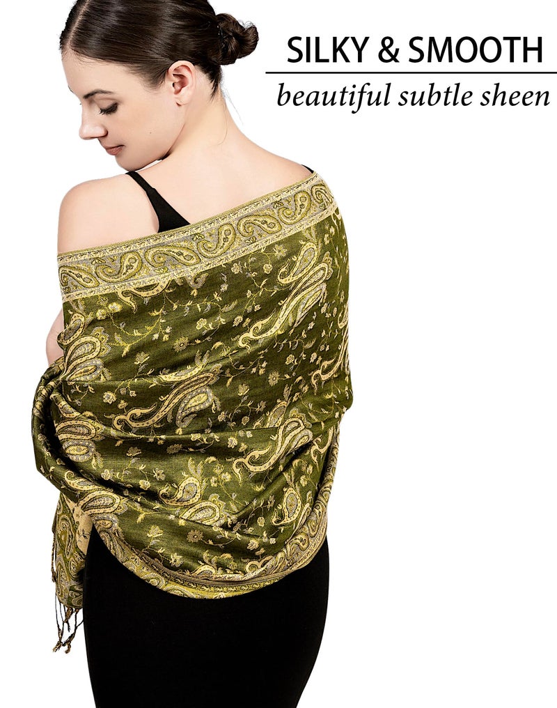 Achillea Soft Silky Reversible Paisley Pashmina Shawl Wrap Scarf w/Fringes (Dark Olive) - Image 2