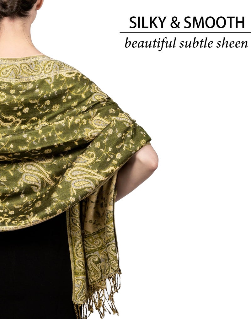 Achillea Soft Silky Reversible Paisley Pashmina Shawl Wrap Scarf w/Fringes (Dark Olive) - Image 5