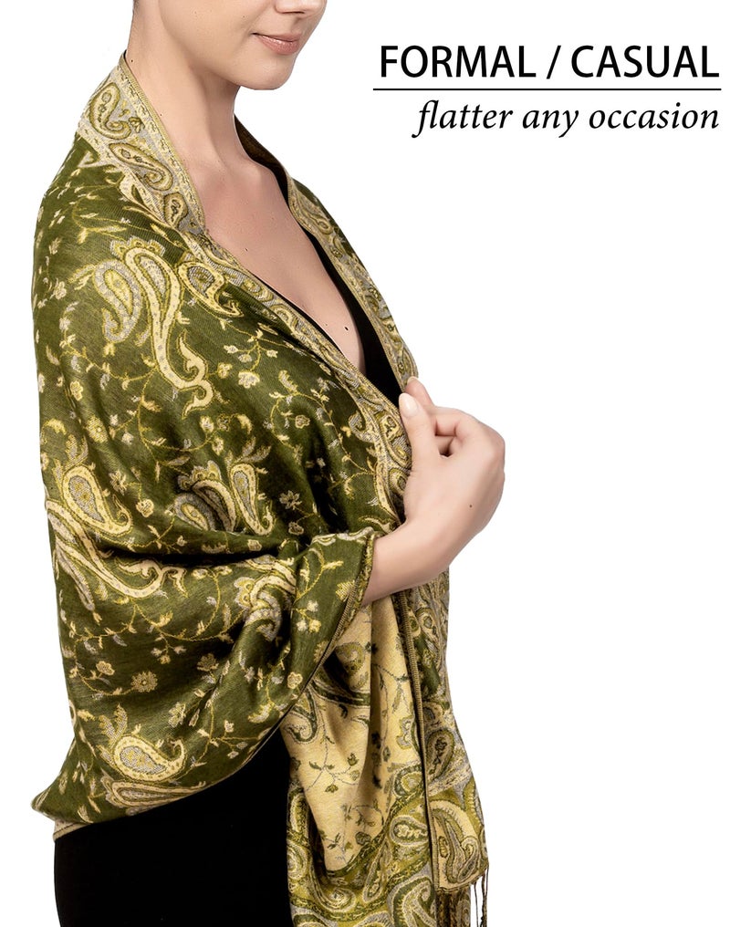 Achillea Soft Silky Reversible Paisley Pashmina Shawl Wrap Scarf w/Fringes (Dark Olive) - Image 4