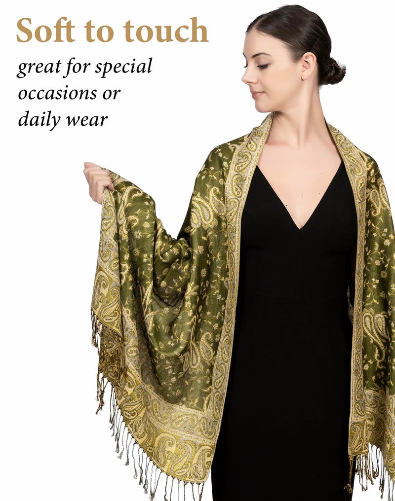 Achillea Soft Silky Reversible Paisley Pashmina Shawl Wrap Scarf w/Fringes (Dark Olive) - Image 3