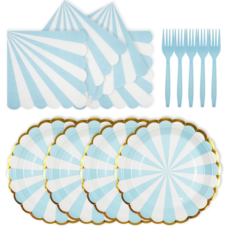 73Hours 72PCS Blue Paper Plates and Napkins Party Supplies, Gold Foil Edge Scalloped Striped Paper Plates Napkins Disposable Tableware Set for Birthday Wedding Baby Shower Party Decoration (Blue) - Image 1