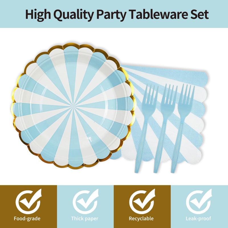 73Hours 72PCS Blue Paper Plates and Napkins Party Supplies, Gold Foil Edge Scalloped Striped Paper Plates Napkins Disposable Tableware Set for Birthday Wedding Baby Shower Party Decoration (Blue) - Image 3