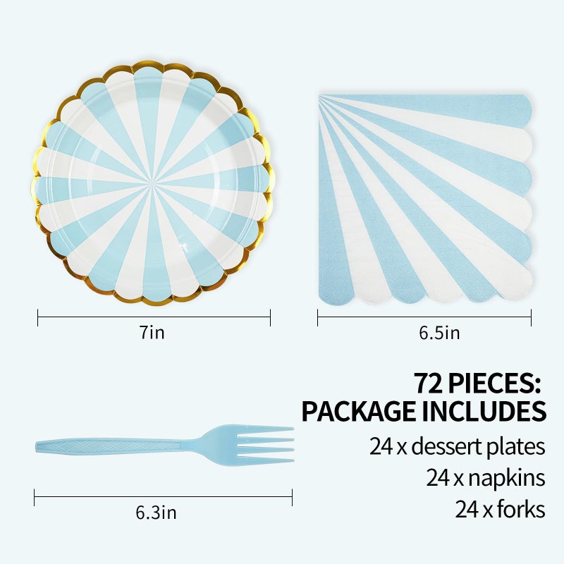 73Hours 72PCS Blue Paper Plates and Napkins Party Supplies, Gold Foil Edge Scalloped Striped Paper Plates Napkins Disposable Tableware Set for Birthday Wedding Baby Shower Party Decoration (Blue) - Image 2