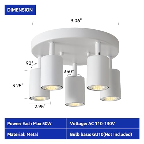 EGM Adjustable 5-Light Kitchen Spot Light Fixture, White Round Track Lighting Fixtures, GU10 Flush Mount Directional Ceiling Light for Bedroom - Image 3