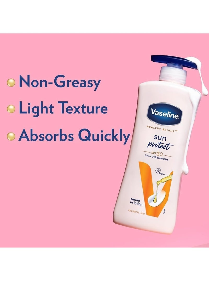 فازلين لوشن الجسم هيلثي برايت للحماية من الشمس بعامل حماية من الشمس 30، 400 مل، مرطب يومي للبشرة الجافة، يمنح بشرة متوهجة غير دهنية - للرجال والنساء - Image 3