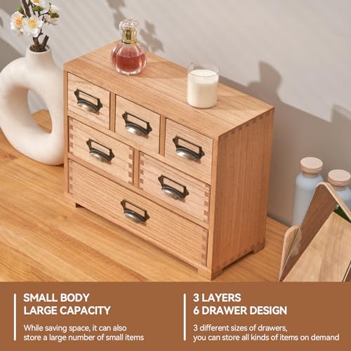 KIRIGEN Wood Desk Drawer Cabinet Organizer, 6-Drawer Mini Storage Chest with Metal Label Holder Handles, Fully Assembled Desktop Organizer for Office Supplies, Crafts, Makeup, Natural 3D6CG-NA - Image 4
