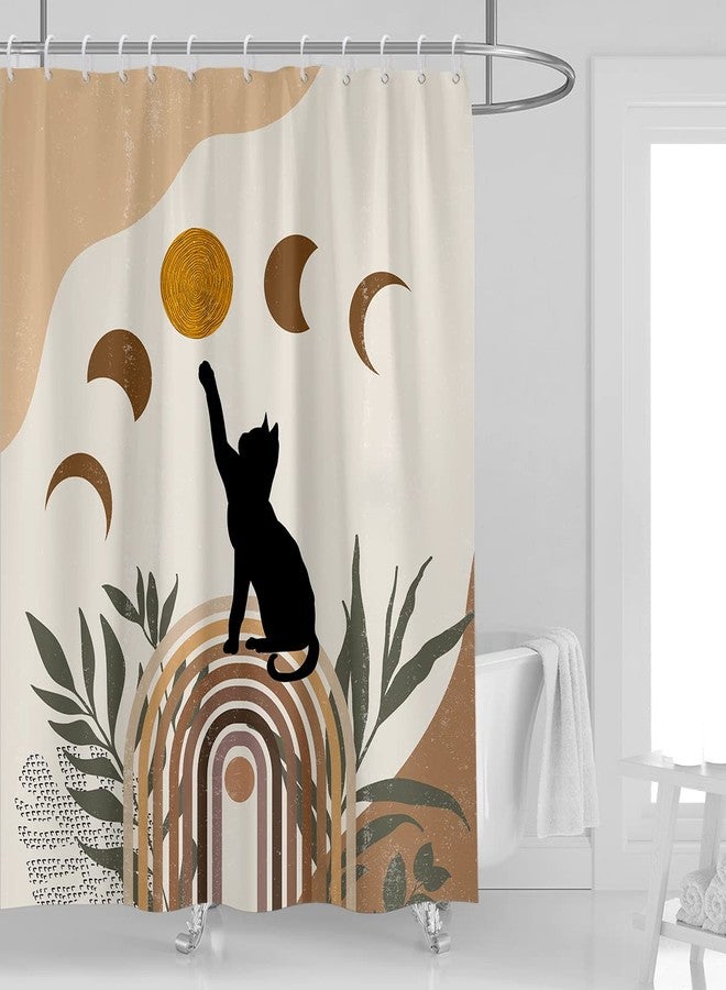 Kikiry Funny Cat Shower Curtain 60''W x 72''L Moon Boho Black Brown Terracotta Cute Moonlit Modern Abstract Mid Century Geometric Aesthetic Polyester Fabric 12 Pack Plastic Hooks - Image 1