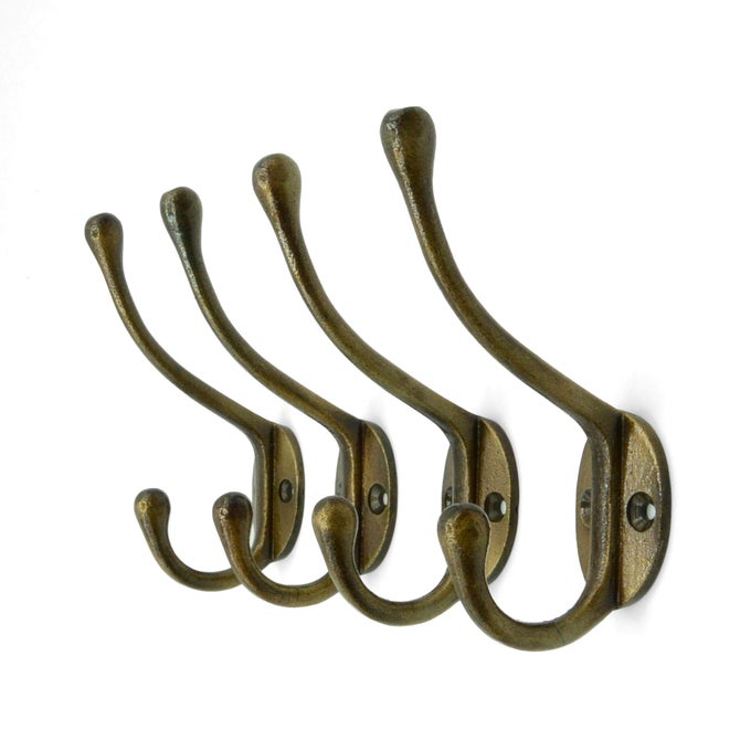 VINTAGE CAST IRON WALL HOOKS ANTIQUE BRASS FINISH SET OF 4 RUSTIC FARMHOUSE COAT HOOKS COATS BAGS TOWELS HATS CLASSIC SLENDER
