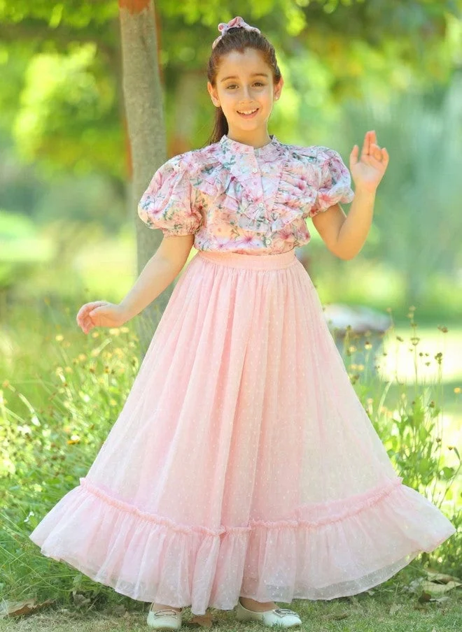 Luxe & Hardy Girls Printed Mandarin Collar Pure Silk Top With Skirt